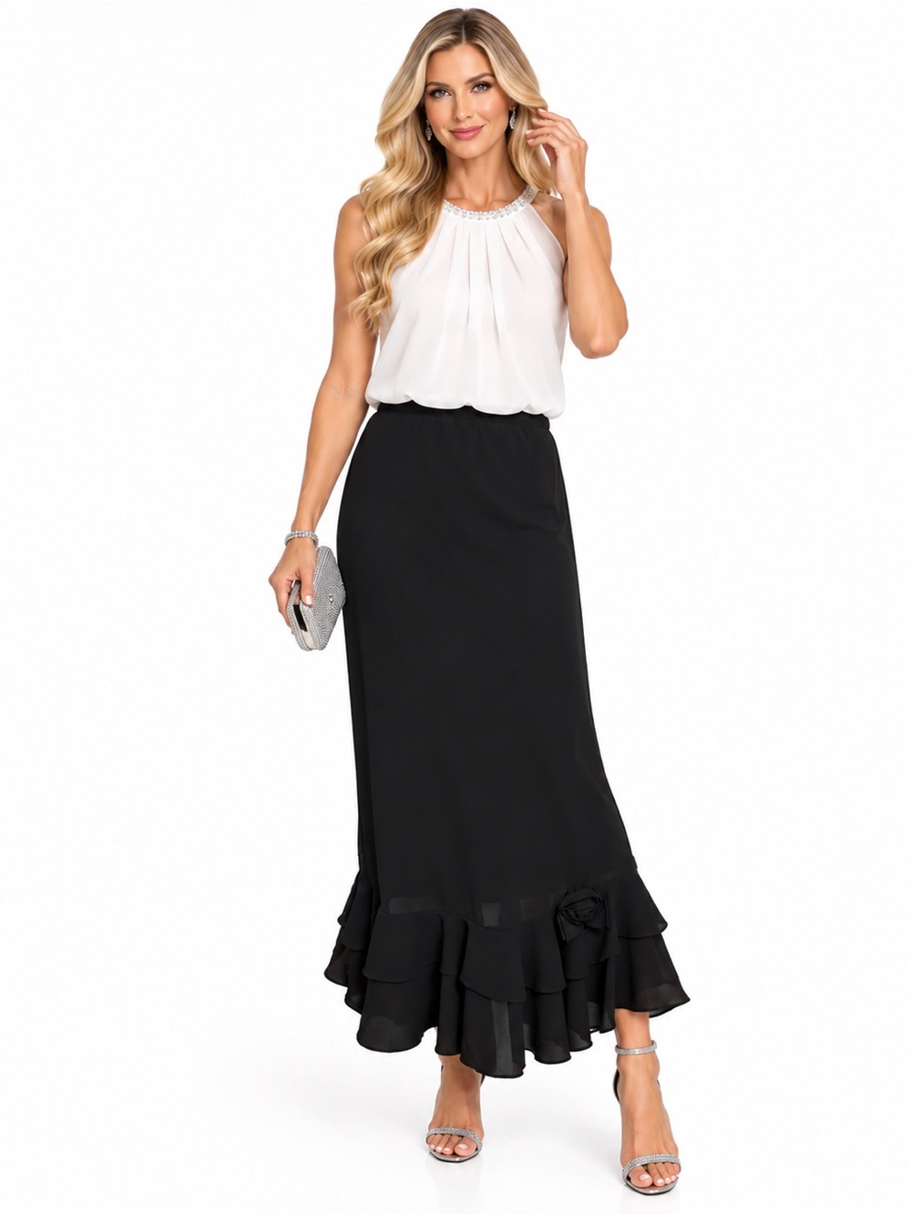 MSK Black Maxi Skirt Size Large Lined Ruffle Hem Rosette Formal Evening